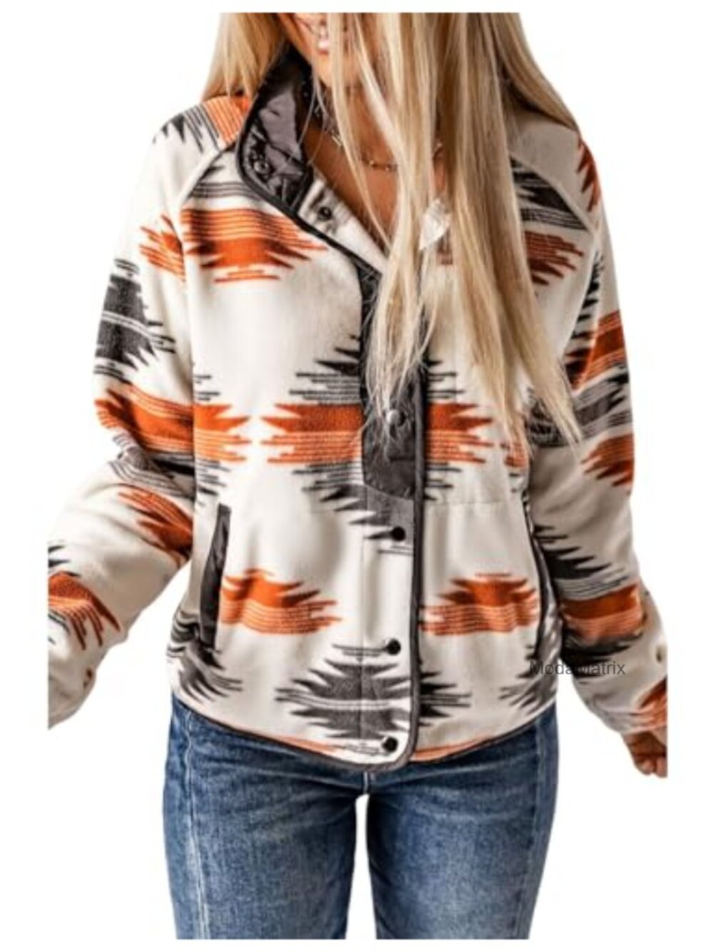 Womens Western Aztec Print Fleece Snap Button Down Jacket